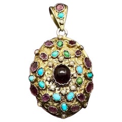 Antique Garnet Turquoise Amethyst Locket Pendant Austro-Hungarian Renaissance Revival