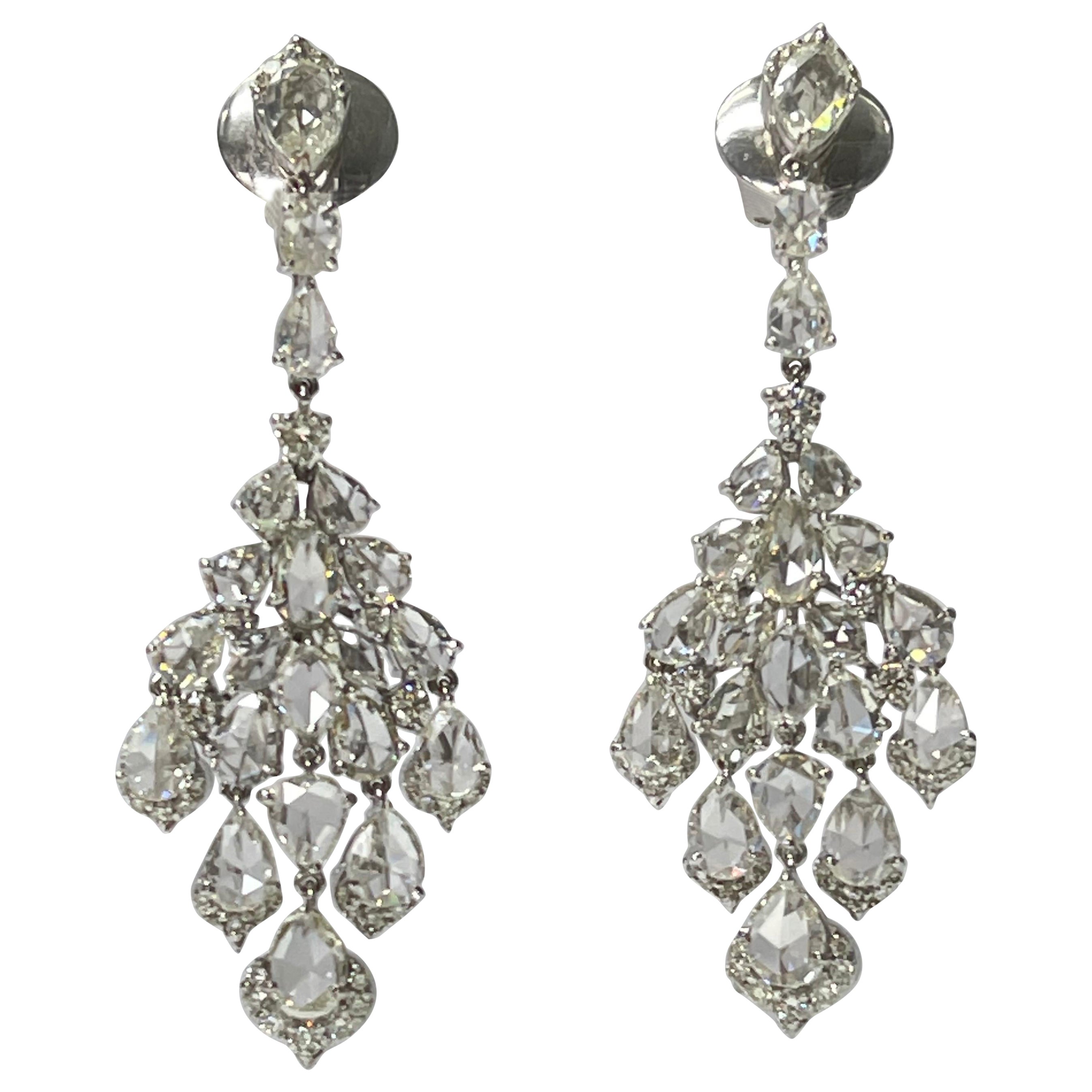 Fancy Cut Rose Cut Diamond and Round Brilliant Diamond Chandelier Earrings