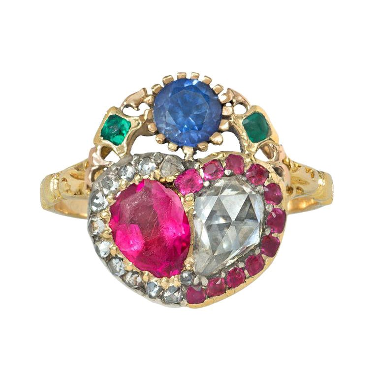 Antique Late 18th Century Gold and Multi-Gemstone Double Heart Ring For Sale