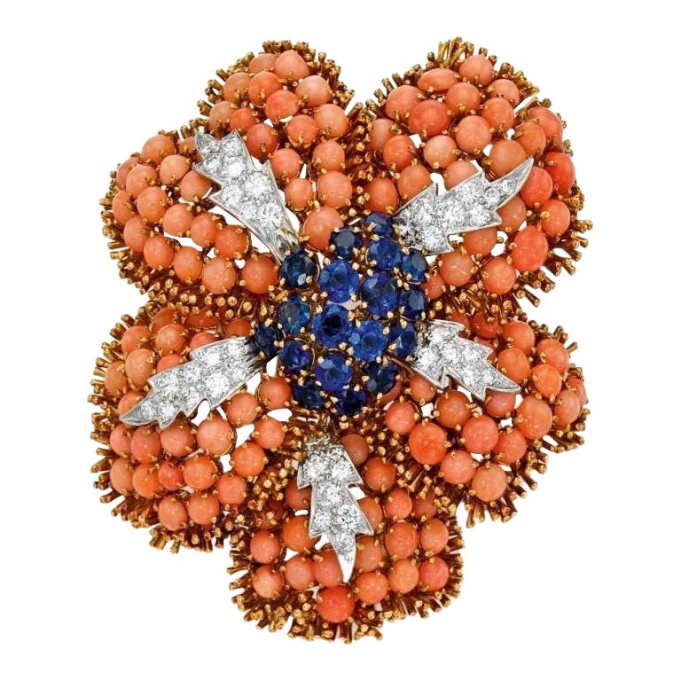 David Webb Coral & Gemstone Flower Brooch-Pendant For Sale