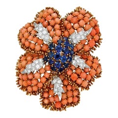 Retro David Webb Coral & Gemstone Flower Brooch-Pendant