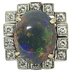 Art Deco Cubist Platinum Top 14k Gold Natural Black Opal 1ctw Diamond Ring