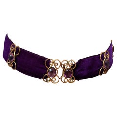 Antique Edwardian Velvet Choker Necklace, Amethyst Paste