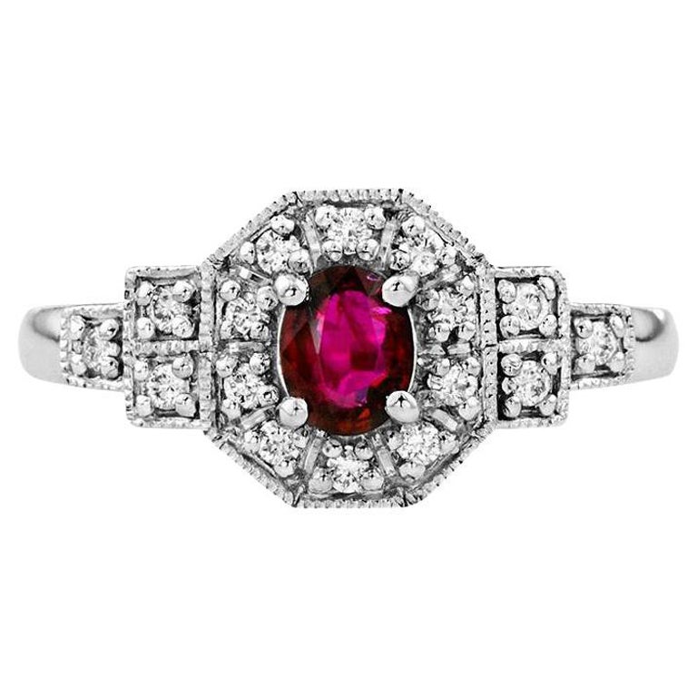 Catherine Oval Ruby with Diamond Art Deco Style Cluster Ring in Platinum