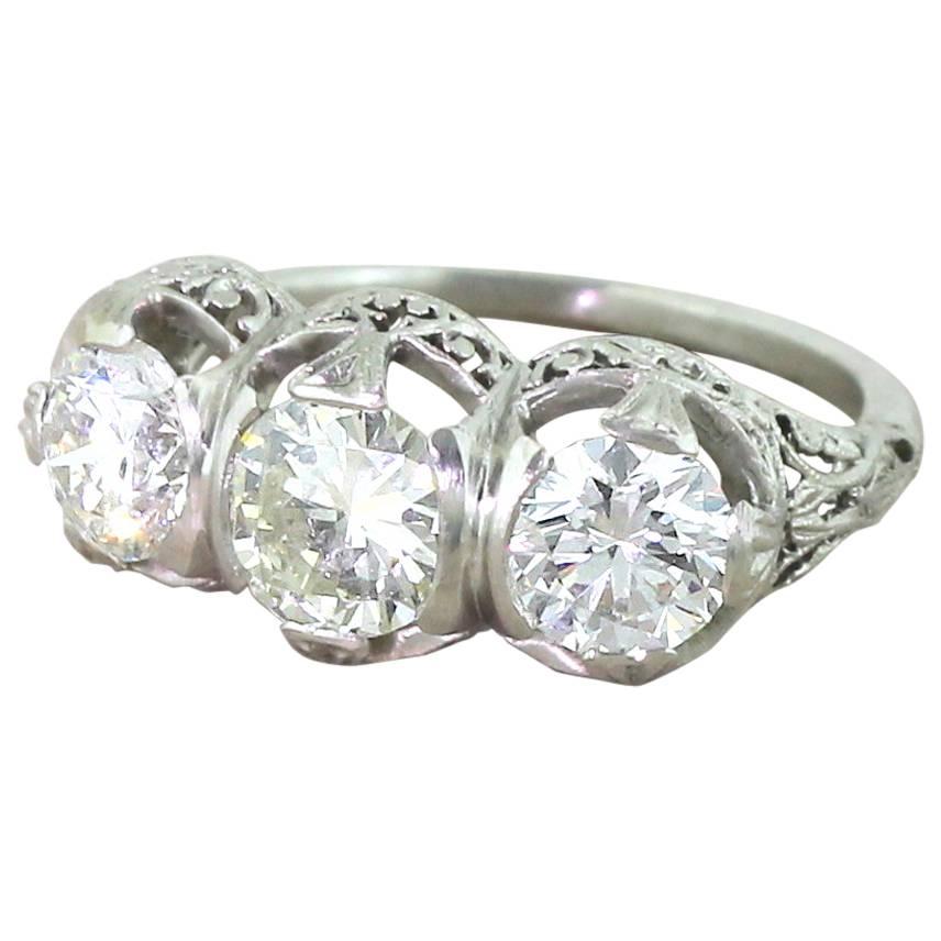 Art Deco 1.98 Carat Transitional Cut Diamond Platinum Trilogy Ring