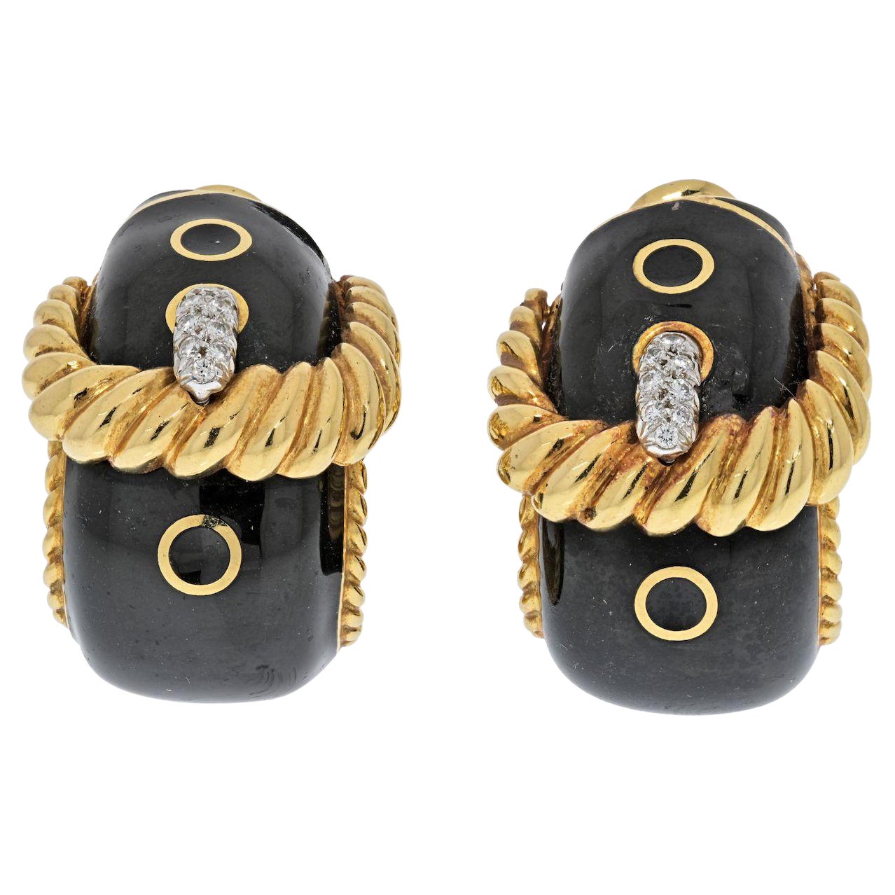 David Webb Platinum & 18K Yellow Gold Buckle Black Enamel Diamond Earrings For Sale