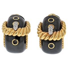 David Webb Platinum & 18K Yellow Gold Buckle Black Enamel Diamond Earrings