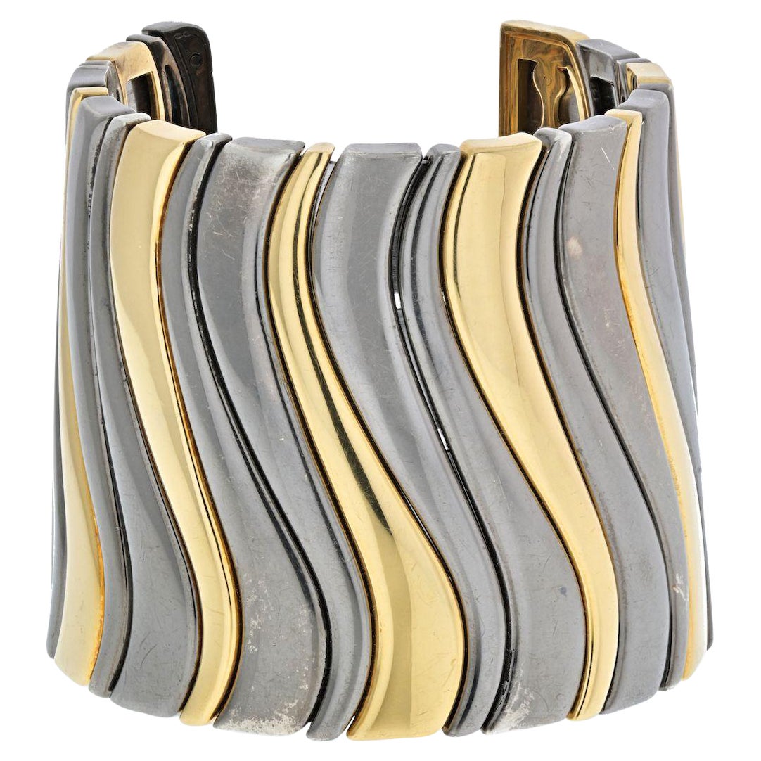 Marina B. 18KYellow Gold And Darkened Stainless Steel Large Cuff Bangle Bracelet For Sale