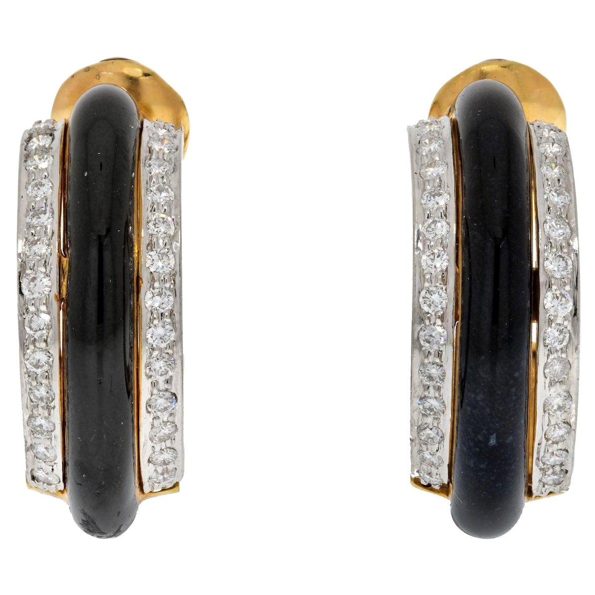 David Webb Platinum & 18K Yellow Gold Black Enamel Diamond Hoop Earrings For Sale
