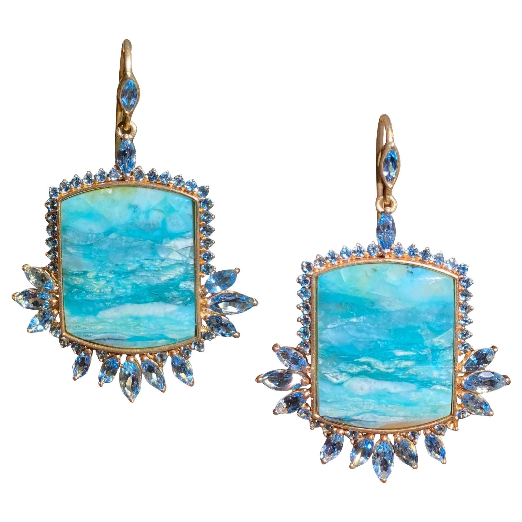 Aquamarine, Opalized Wood, 18kt Gold Earrings by Lauren Harper