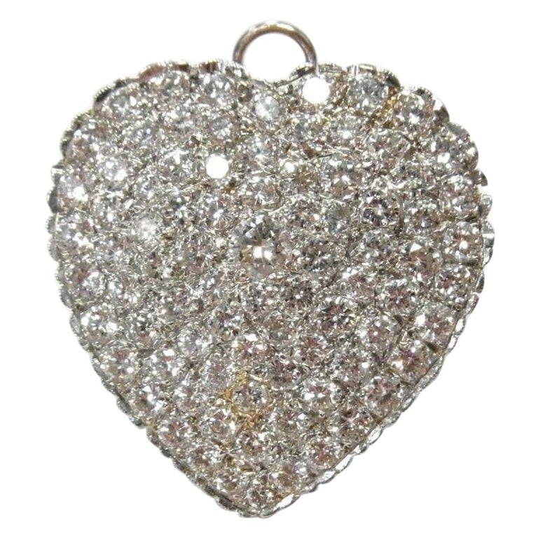 Antique 5.50ctw Fine VS F-G Diamond Heart 14k White Gold Large Brooch or Pendant For Sale