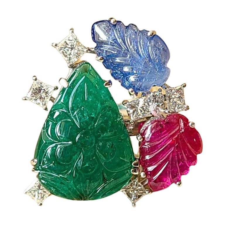 Natural Emerald, Blue Sapphire, Ruby & Diamonds Tutti-Frutti Style Cocktail Ring
