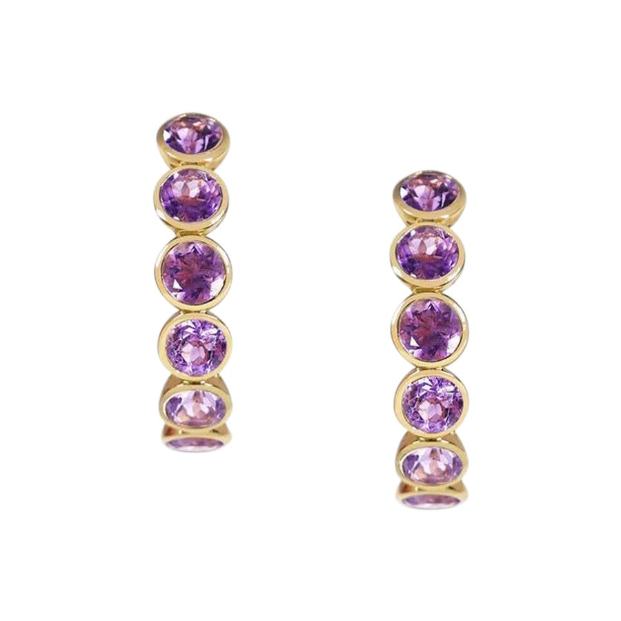 Handcrafted Eternity Hoop Earrings in Amethyst and 18 Karat Yellow Gold  For Sale