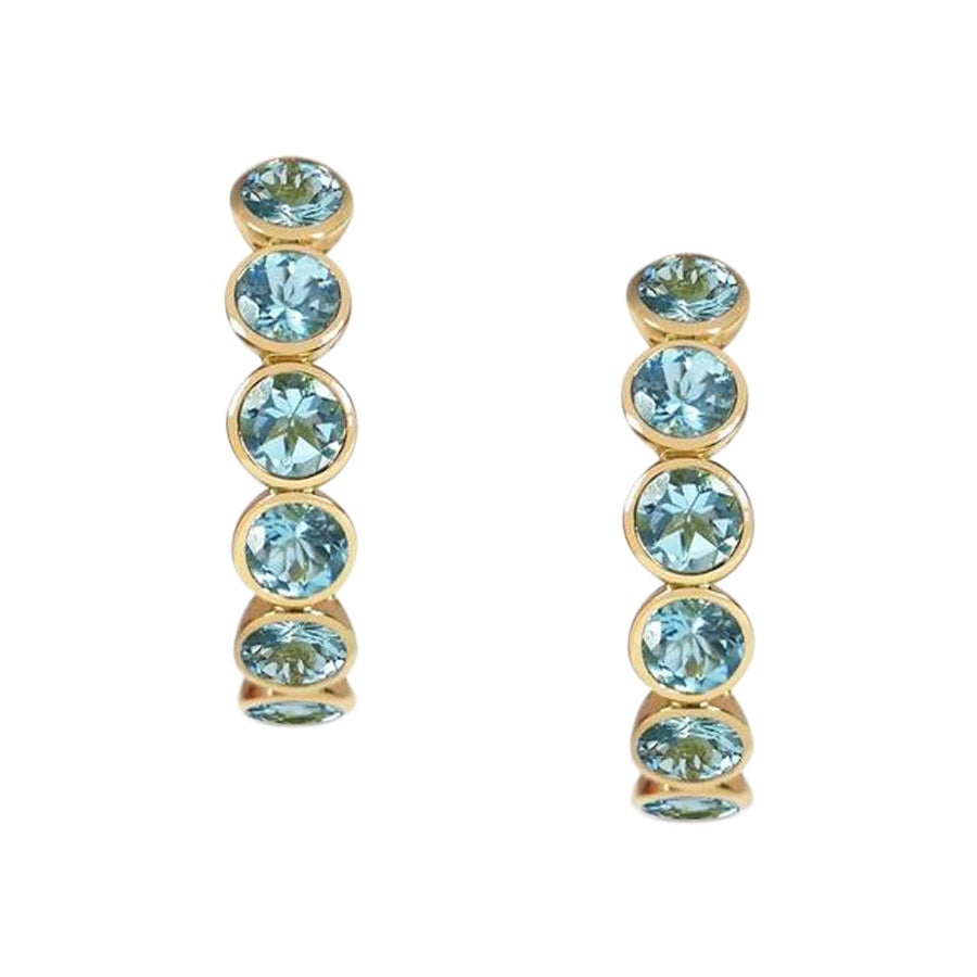 Handcrafted Eternity Hoop Earrings in Aquamarine and 18 Karat Yellow Gold 