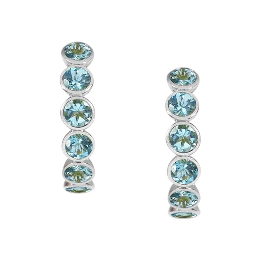 Handcrafted Eternity Hoop Earrings in Aquamarine and 18 Karat White Gold  For Sale