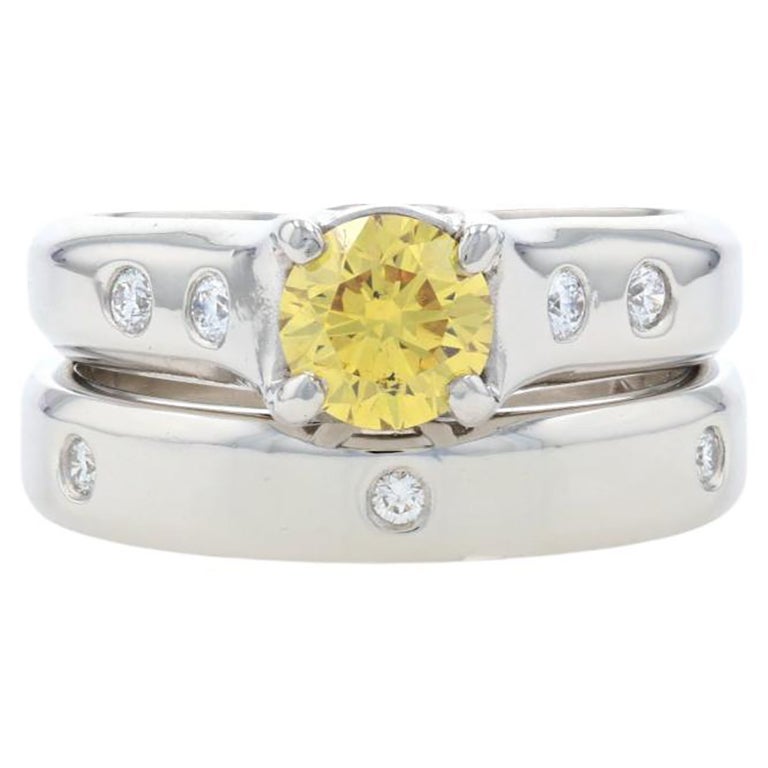 Jeff Cooper Yellow Diamond Engagement Ring & Wedding Band Platinum Round .90ctw For Sale