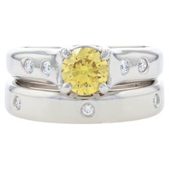 Retro Jeff Cooper Yellow Diamond Engagement Ring & Wedding Band Platinum Round .90ctw