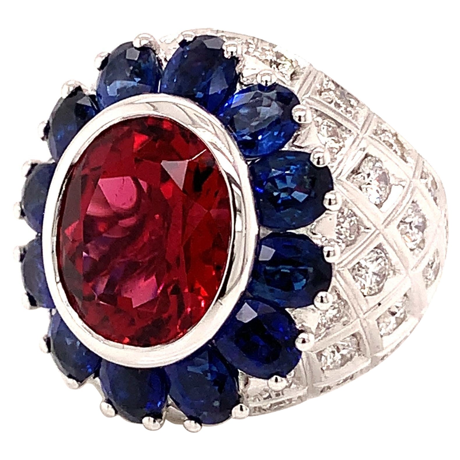 18kt White Gold One of a Kind Ring with 5 Ct Rubellite, Blue Sapphires, Diamond