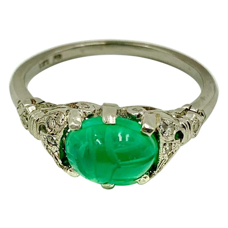 Art Deco 18K White Gold Diamond, Carved Green Onyx Scarab Ring, Amulet