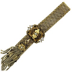Antique Diamond Pearl Gold Tassel Slide Bracelet