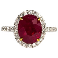 GIA Certified Five Carat Vivid Red Pigeon's Blood Burma Ruby and Diamond Ring