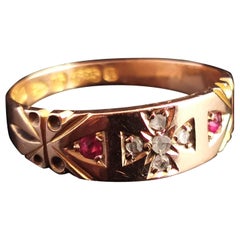 Antique Victorian Ruby and Diamond Ring, Maltese Cross, 15 Karat Yellow Gold