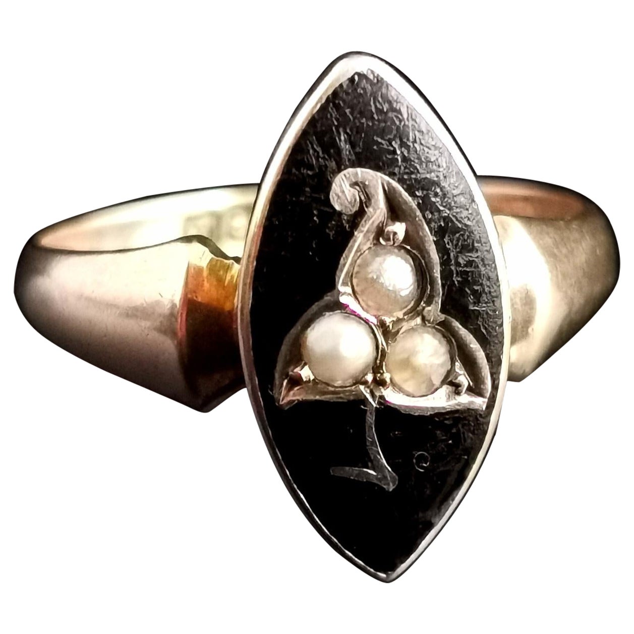 Antique Navette Mourning Ring, Black Enamel and Pearl, Ivy Leaf, 9k Yellow Gold