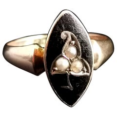 Antique Navette Mourning Ring, Black Enamel and Pearl, Ivy Leaf, 9k Yellow Gold