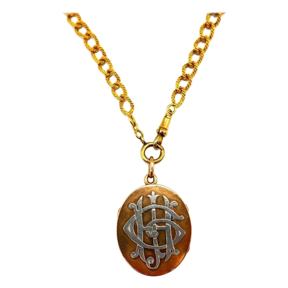 Antique Rose Gold Locket and Yellow Gold Watch Chain Necklace For Sale