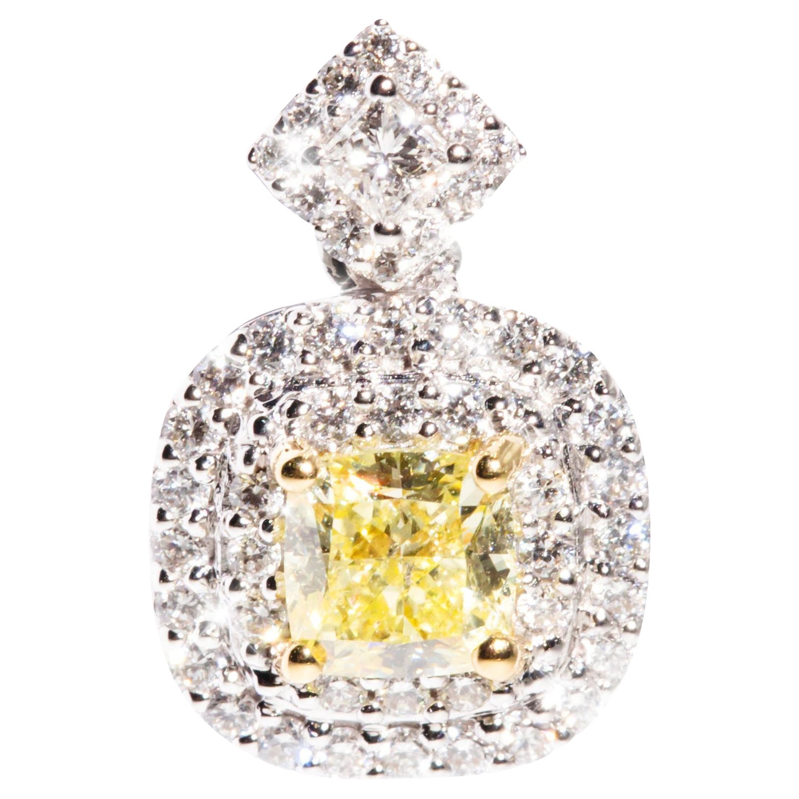 Certified Cushion Yellow Diamond and White Diamond Halo Pendant in 18 Carat Gold