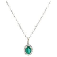 Gorgeous 1.34 CTW Emerald Pendant Necklace with Diamond Halo in 14K, New