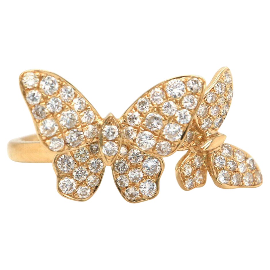 New 0.85ctw Pave Diamond Double Butterfly Ring in 18K Yellow Gold For Sale