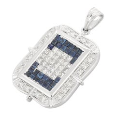 Pendentif d'affirmation en or blanc massif 18 carats avec diamants et saphir bleu