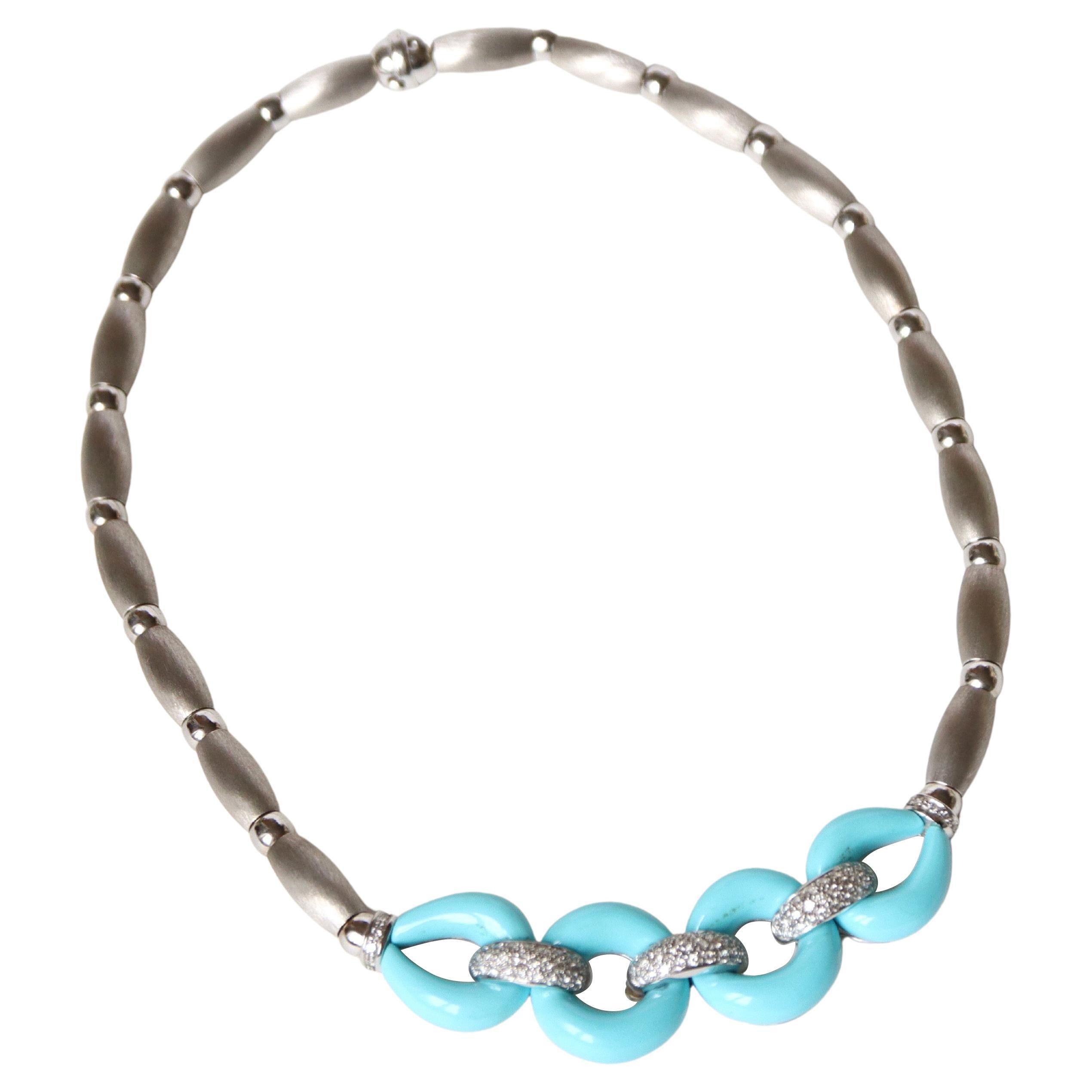Turquoise and Diamonds Necklace 18 Kt White Gold