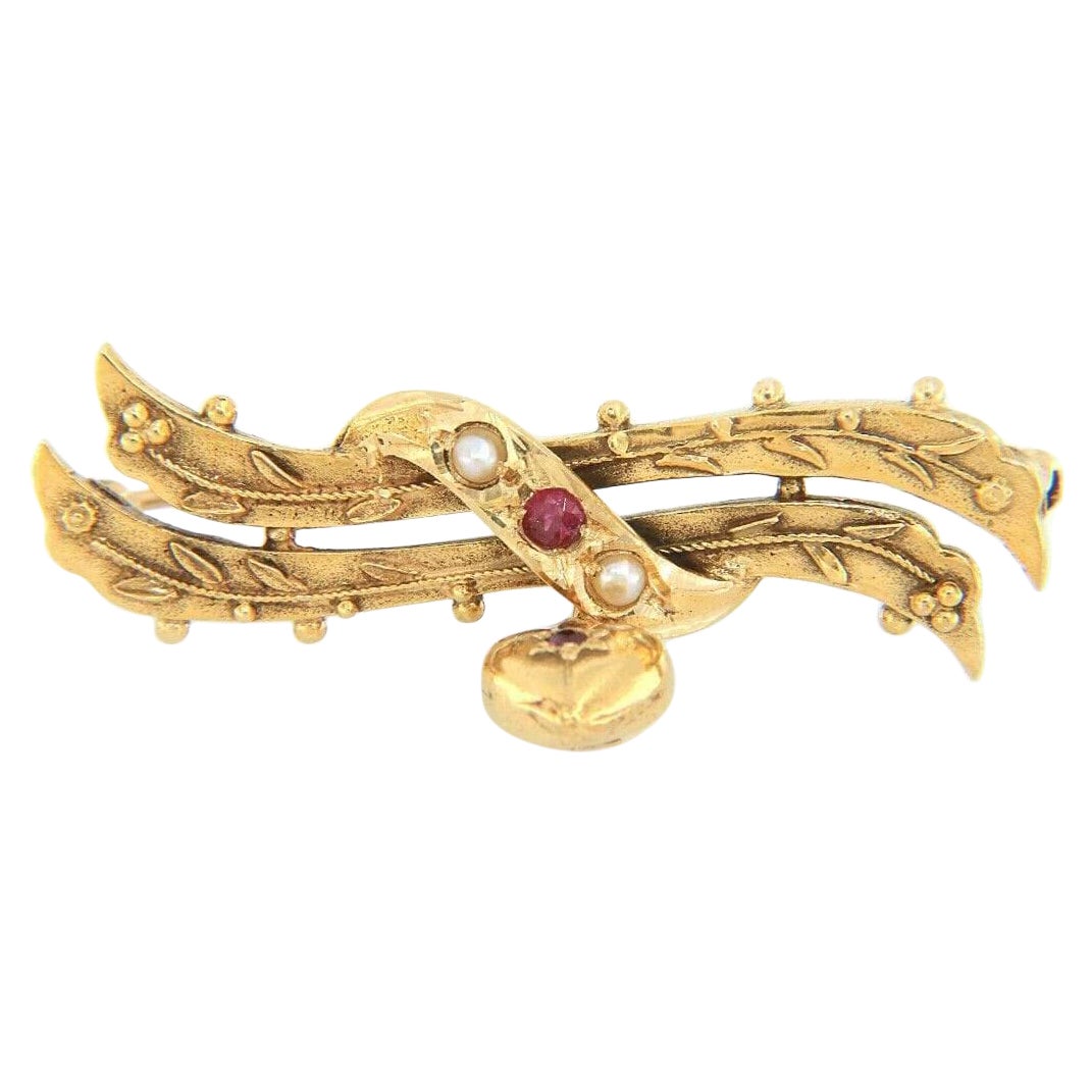 Ruby and Pearl Heart Dangle Brooch in 14K Yellow Gold For Sale