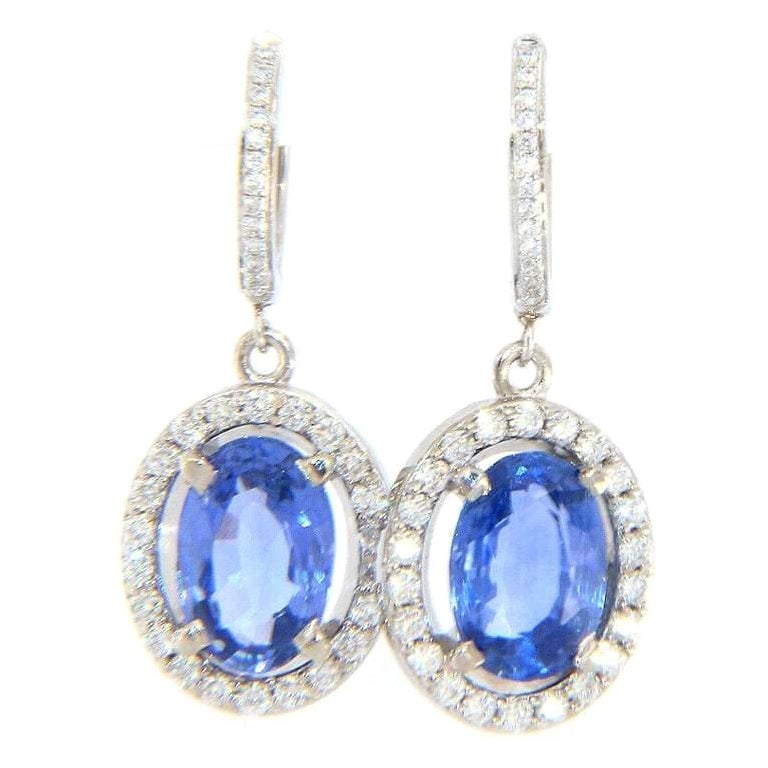 3.78ctw Oval Sapphire and 0.50ctw Diamond Frame Dangle Earrings in 14K For Sale