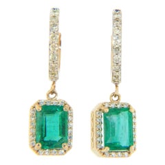 1.97ctw Emerald and 0.30ctw Diamond Frame Dangle Earrings in 14K Yellow Gold