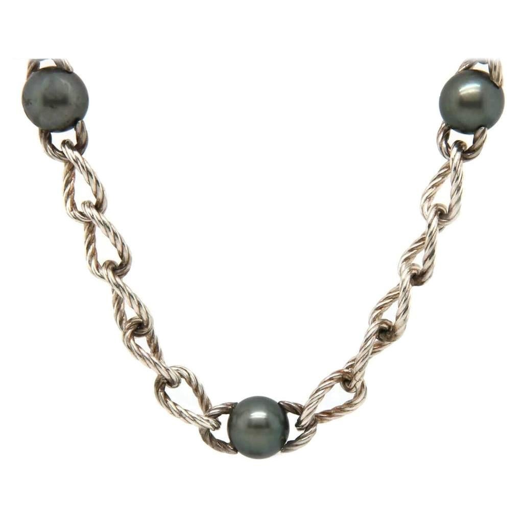 David Yurmam Tahitian Pearl Station Necklace in Sterling Silver For Sale