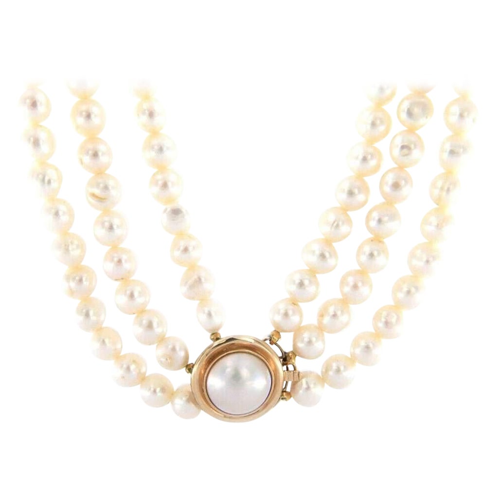 Triple Strand Pearl and Mabe Pearl Clasp Necklace in 14K Yellow Gold