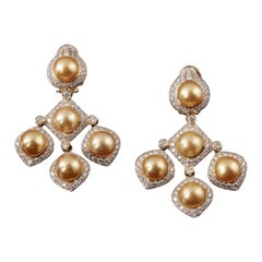 Veschetti 18 Kt White and Yellow Gold, Gold Pearl, Diamond Earrings