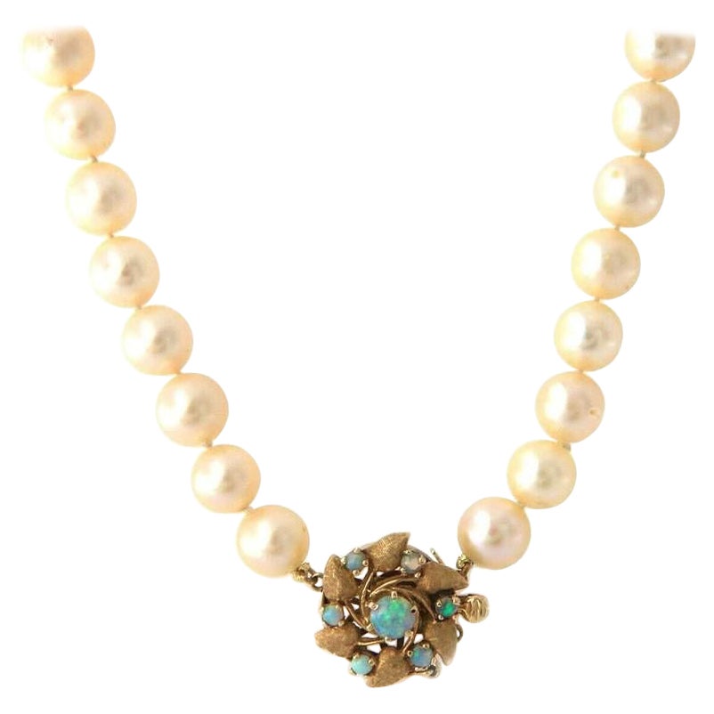 Vintage Cultured Pearl Strand Opal Flower Clasp Necklace in 14K Yellow Gold