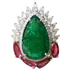 Natural 8.16 Carats, Zambian Emerald, Rubellite & Diamonds Cocktail Ring