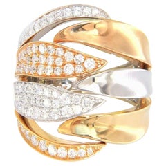 New 1.14ctw Pave Diamond Tri-Tone Leaf Wide Ring in 14K