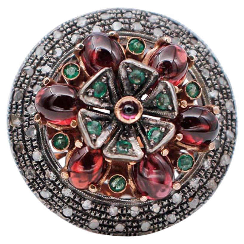 Garnets, Emeralds, Diamonds, Ruby, 9Karat Rose Gold and Silver Ring For Sale