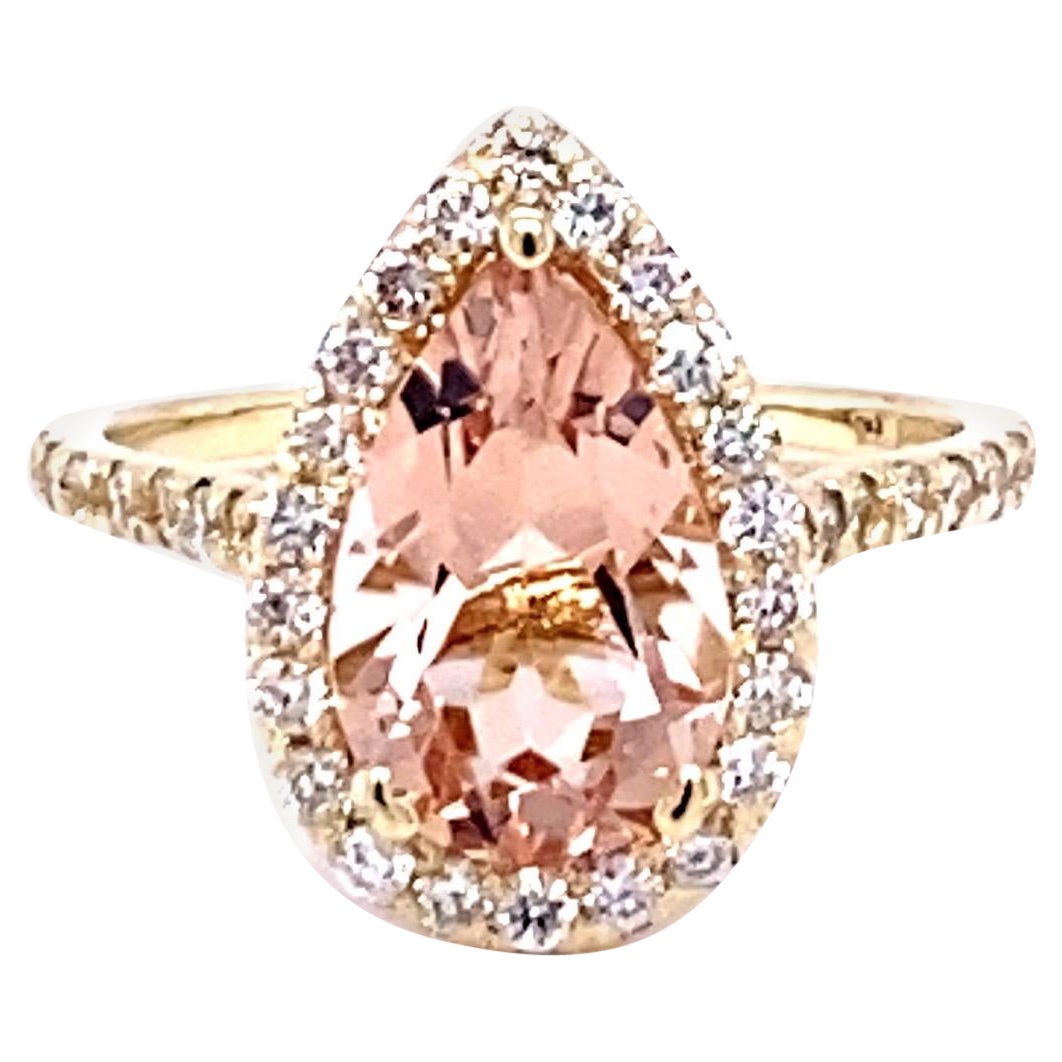 3.04 Carat Morganite Diamond 14K Yellow Gold Engagement Ring For Sale