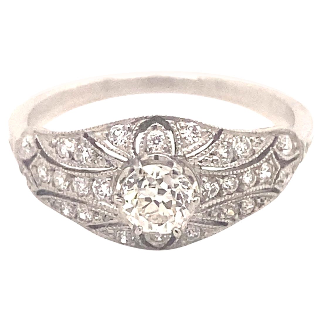 Art Deco Style Filigree .38 Old Mine Cut Diamonds Platinum Ring For Sale