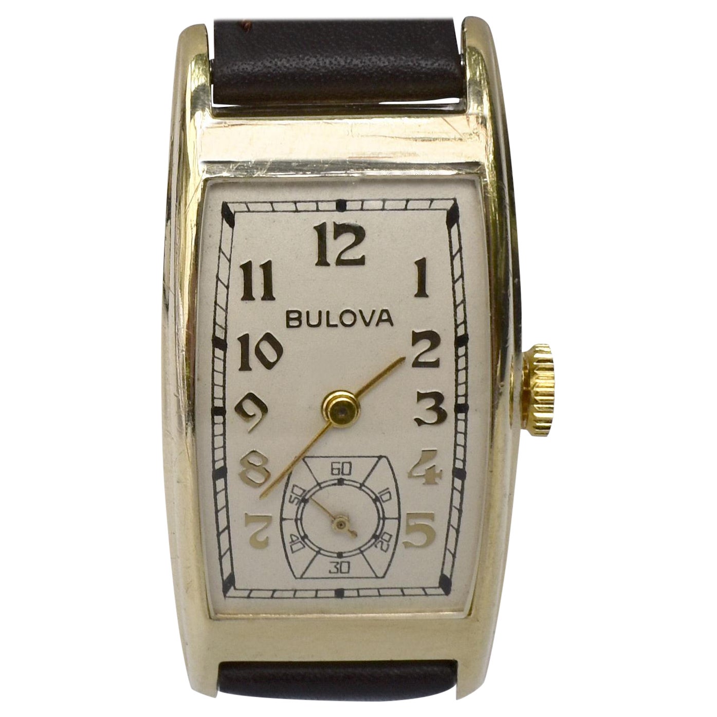 Art Deco Gents 10k R Gold Wristwatch by Bulova, 'Minute Man' c1937, Serviced