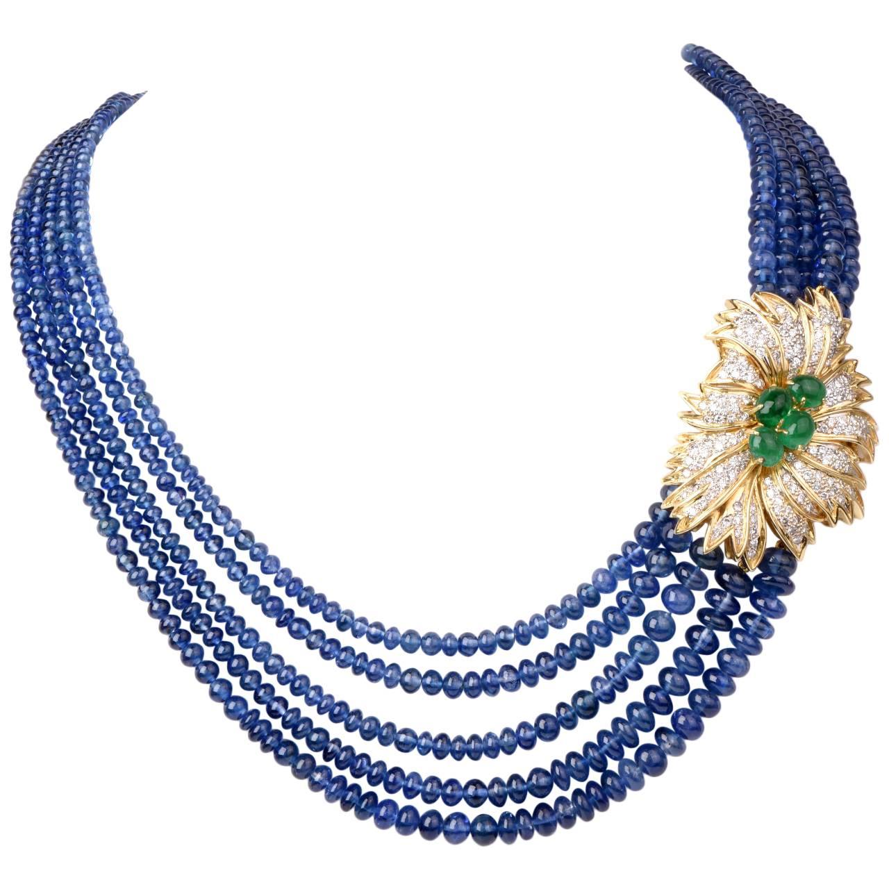 Brilliant Sapphire Beaded Necklace with Emerald Diamond Gold Floral Motif Clasp