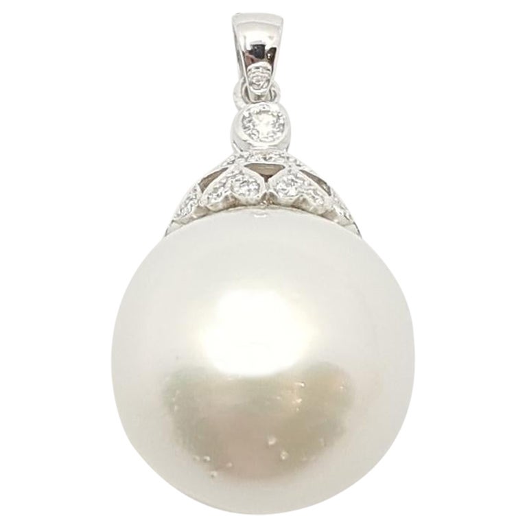 Pearl with Diamond Pendant Set in 18 Karat White Gold Settings For Sale