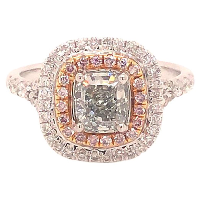 Anillo de diamantes verdes y rosas de fantasía naturales, 1,54 qt. Oro Blanco 18K Certificado GIA